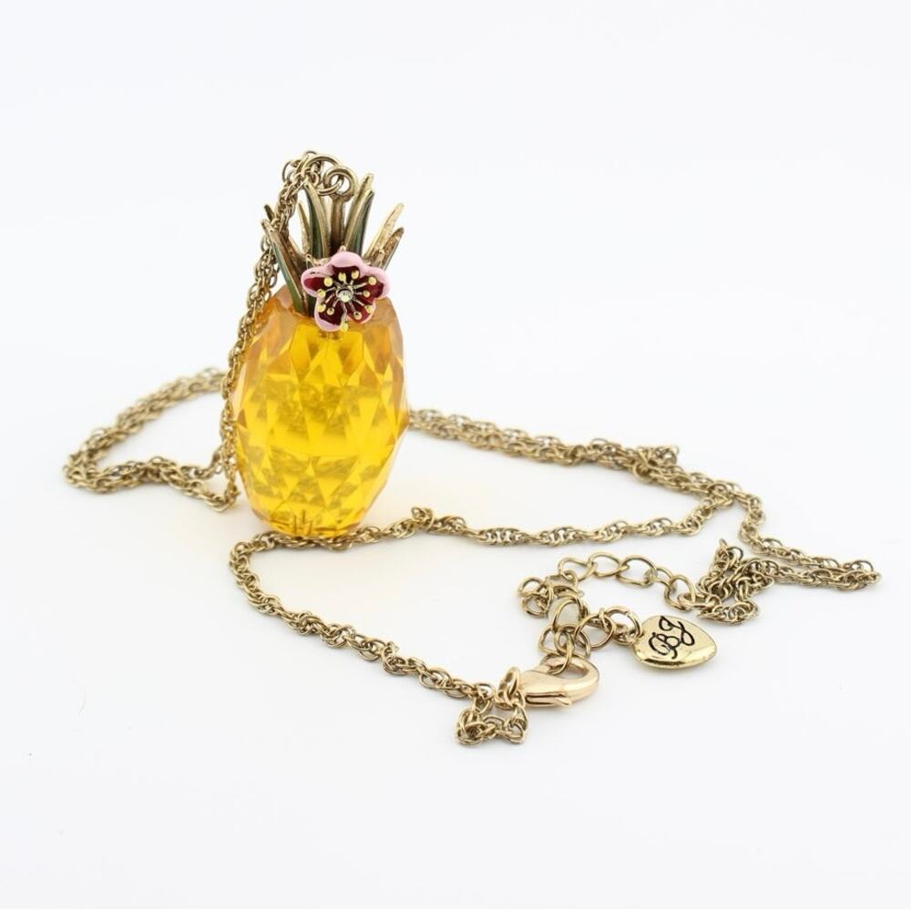 Betsey Johnson Pineapple Crystal Pendant Necklace Gold Tone Tropical Statement